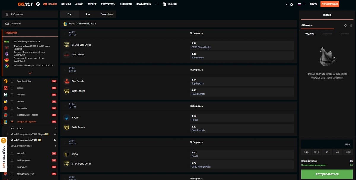 Бонус на League of Legends World Championship от GGBet