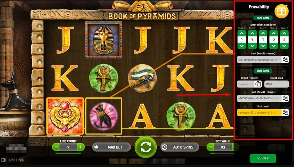 Provably Fair в слоте Book of Pyramids